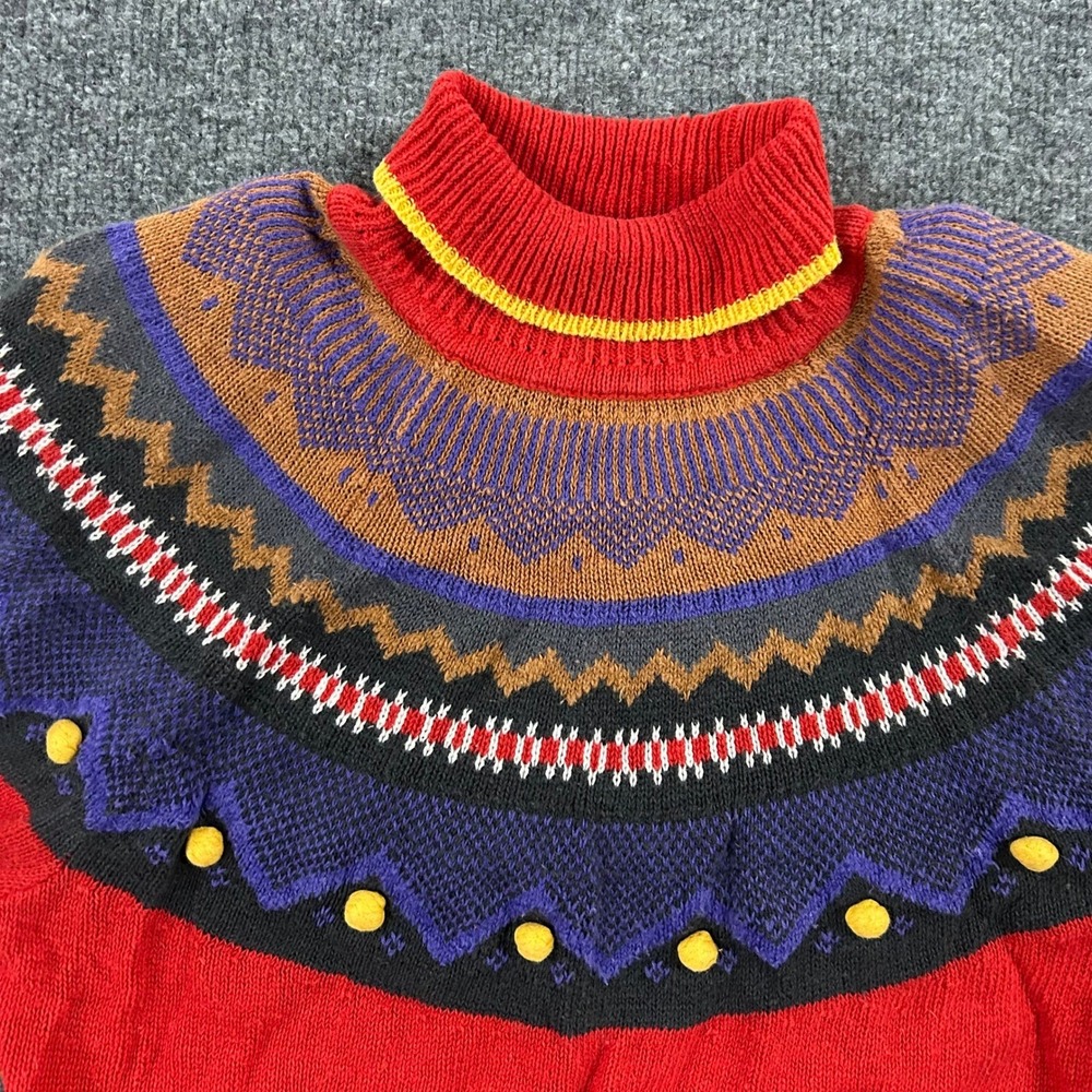 St Johns Bay Sweater Womens Size M Red Fair Isle Pom Pom Knit Turtleneck Vintage
